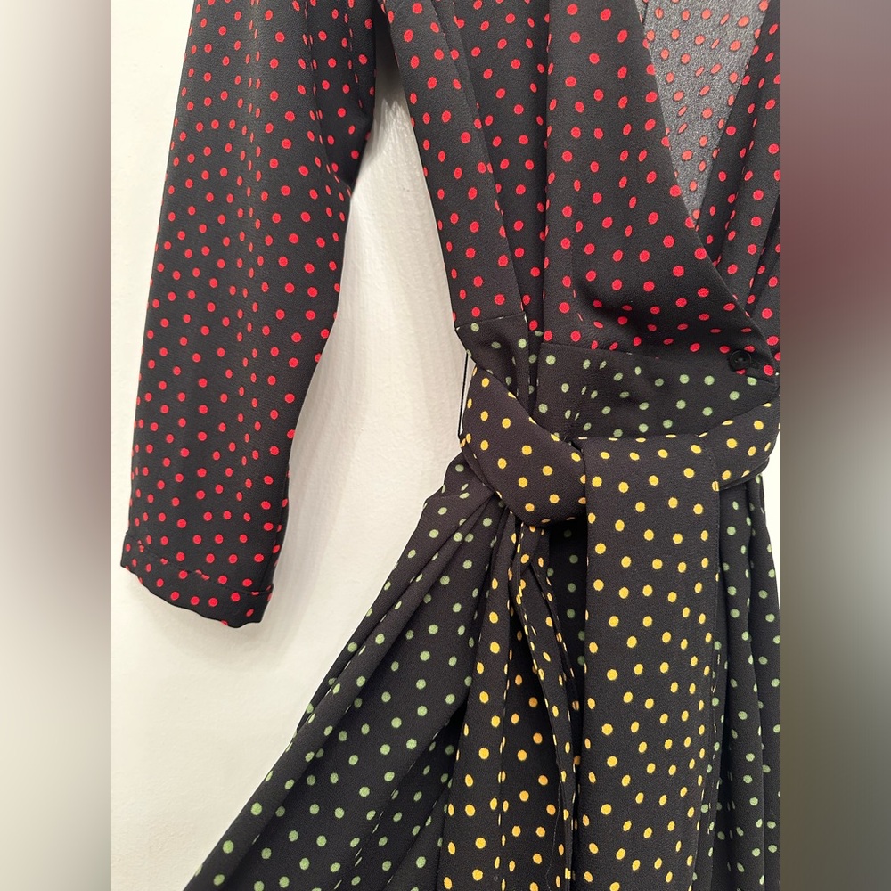 ZARA Polka Dot Belted Long Sleeve Wrap Midi Dress Size L - Picture 3 of 9